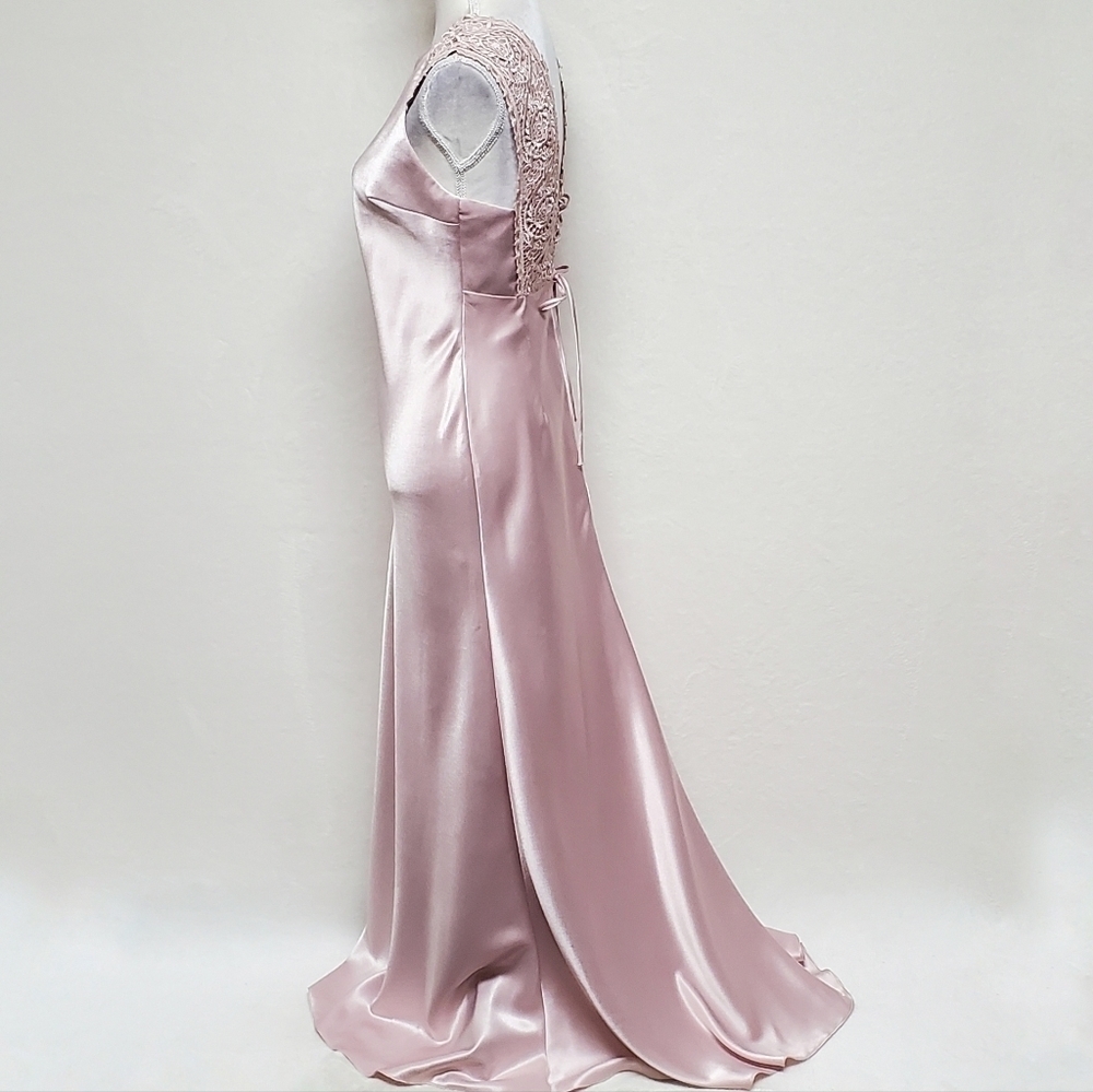 VINTAGE 90s 1001 Nights Blush Pink Satin Crochet Panel Lace-up Back Maxi Dress 6 - Picture 8 of 16
